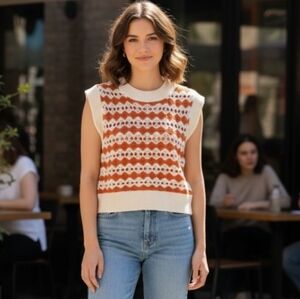 Frnch Paris Crochet Cropped Sweater Vest Orange & Cream Size M/L BNWT